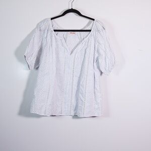 Organic John Patrick Cotton Eyelet Lace Pinstripe Short Sleeve Blouse Shirt Top